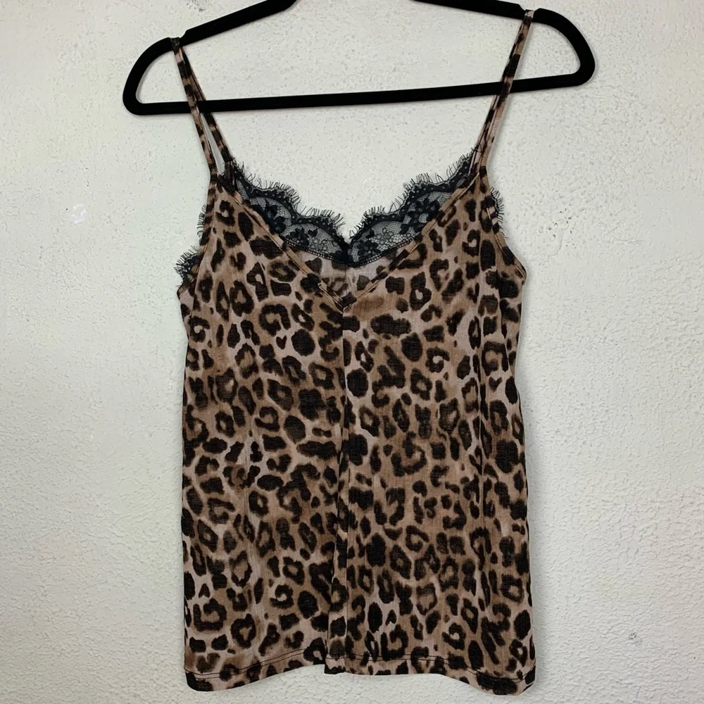 Zara Trafaluc Leopard Printed Eyelash Lace Sexy Camisole V Back Tank Top Small - Picture 3 of 5